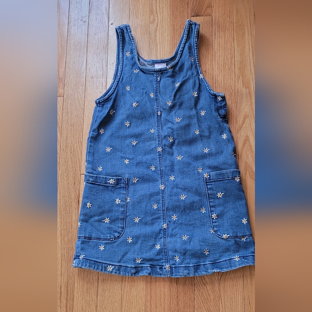 Hanna Anderson Denim Blue Kids Dress with White Floral Accents, Girls Size 8